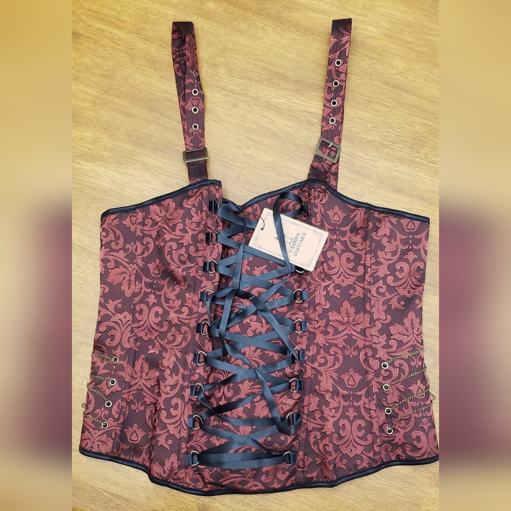 NWT Chic Maroon & Black Lace-Up Corset OS Decorative Dainty Chains On Side